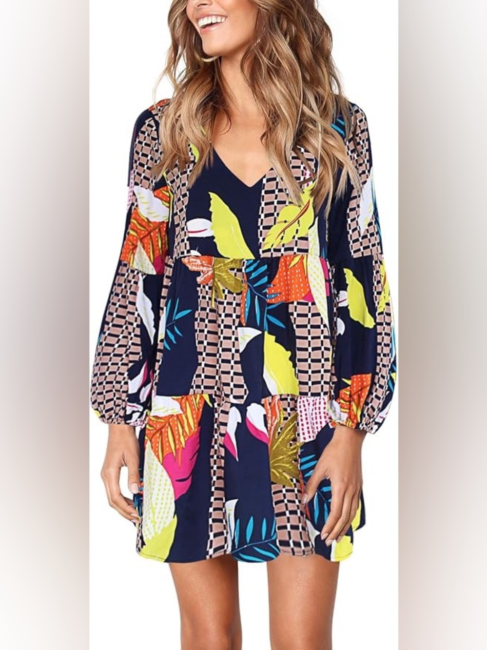 Woman’s VNeck Tiered Floral Boho Tunic Mini Dress